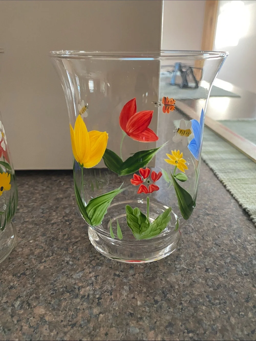 NWOT 3 Hand Painted Candle Holders with votive and sand approx 5”H